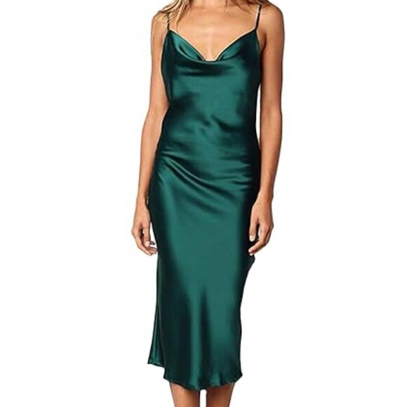 Satin Slip Dress Elegant Minimal Chic Evening Party Cowl Neck Midi - Picture 2 of 6